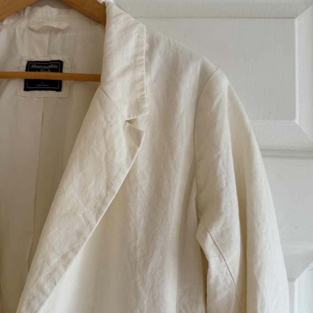 Abercrombie & Fitch Cream Cotton Linen Blend Double Breasted Blazer Jacket Sz L - Picture 3 of 5